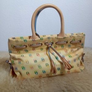 Vintage DOONEY & BOURKE Rainbow Logo Handbag Leather Trim Tassels Medium